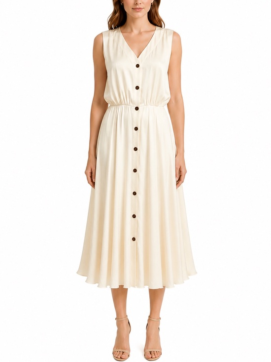 Saks Fifth Avenue Dresses & Skirts - NWT SAKS FIFTH AVENUE Women’s Silk Cream Button-Front V-Neck Midi Dress
